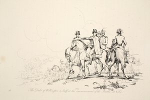 De hertog van Wellington en staf bij het begin van de slag, uitgegeven door J. Booth, 1816 door George Jones